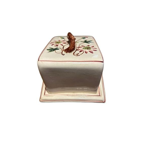 Vintage Glazed Pottery Lidded Cheese Server Cream Floral Pattern Large Keeper - Picture 3 of 15